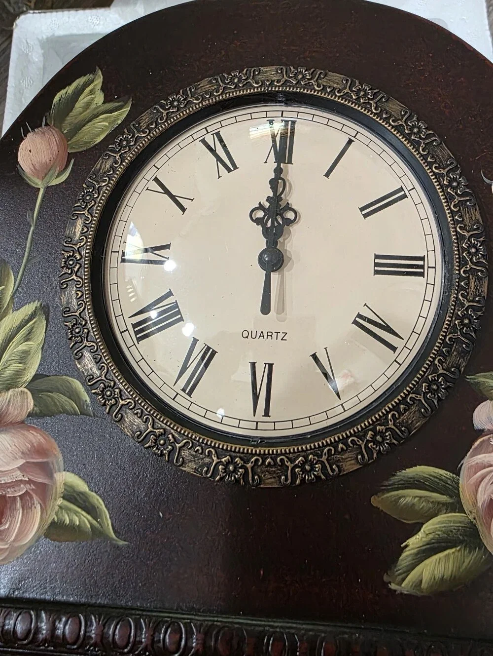 New Vintage Hand-Painted Pink Rose Mantel Clock - Quartz Wall Decor